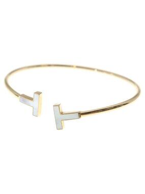 Tiffany & Co T Wire 18K Yellow Gold Bracelet Bangle White Shell